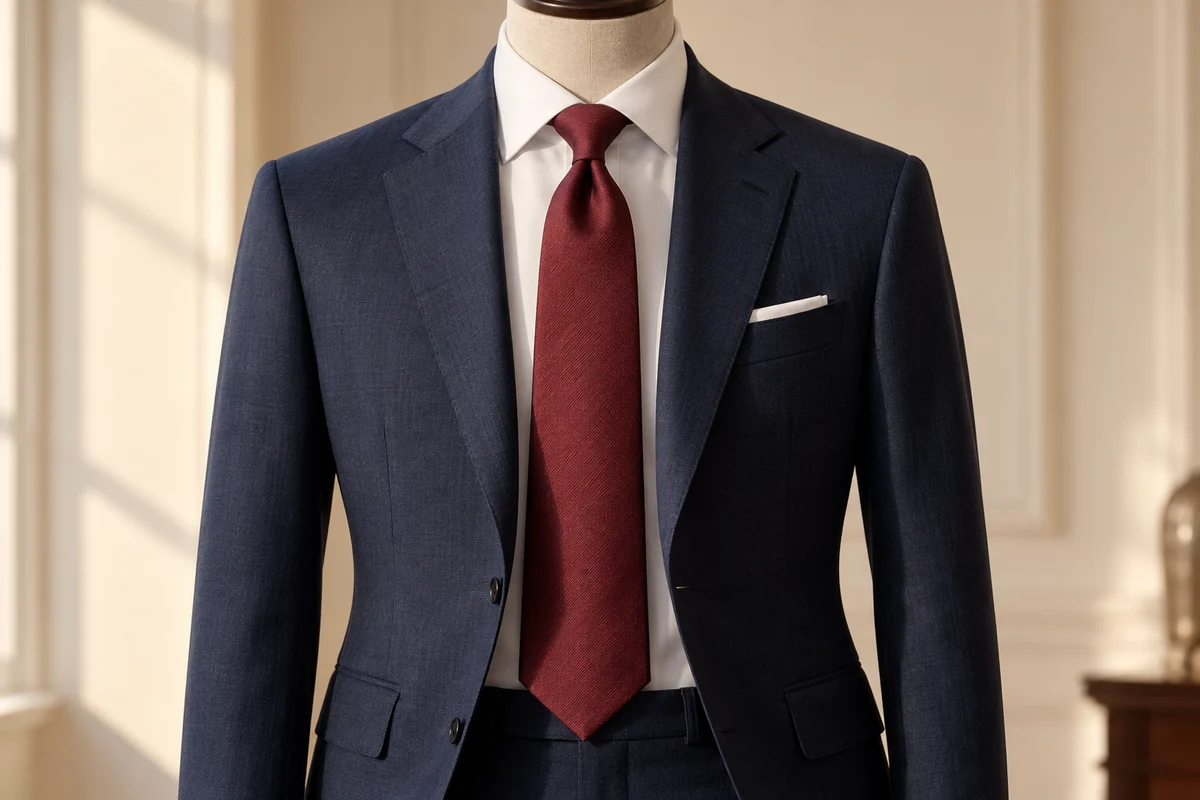 Terno azul-marinho com camisa branca e gravata vinho em manequim